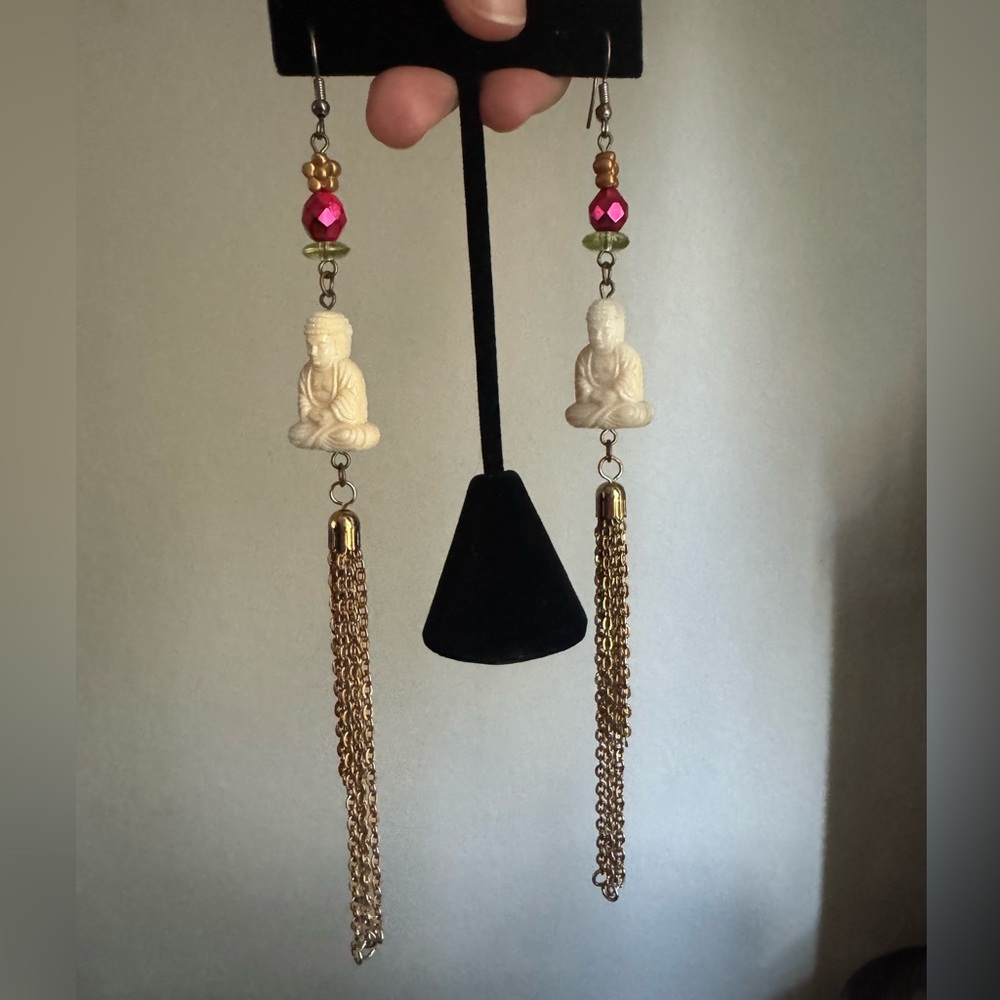 Gold and Cream Buddha Tassel Earrings